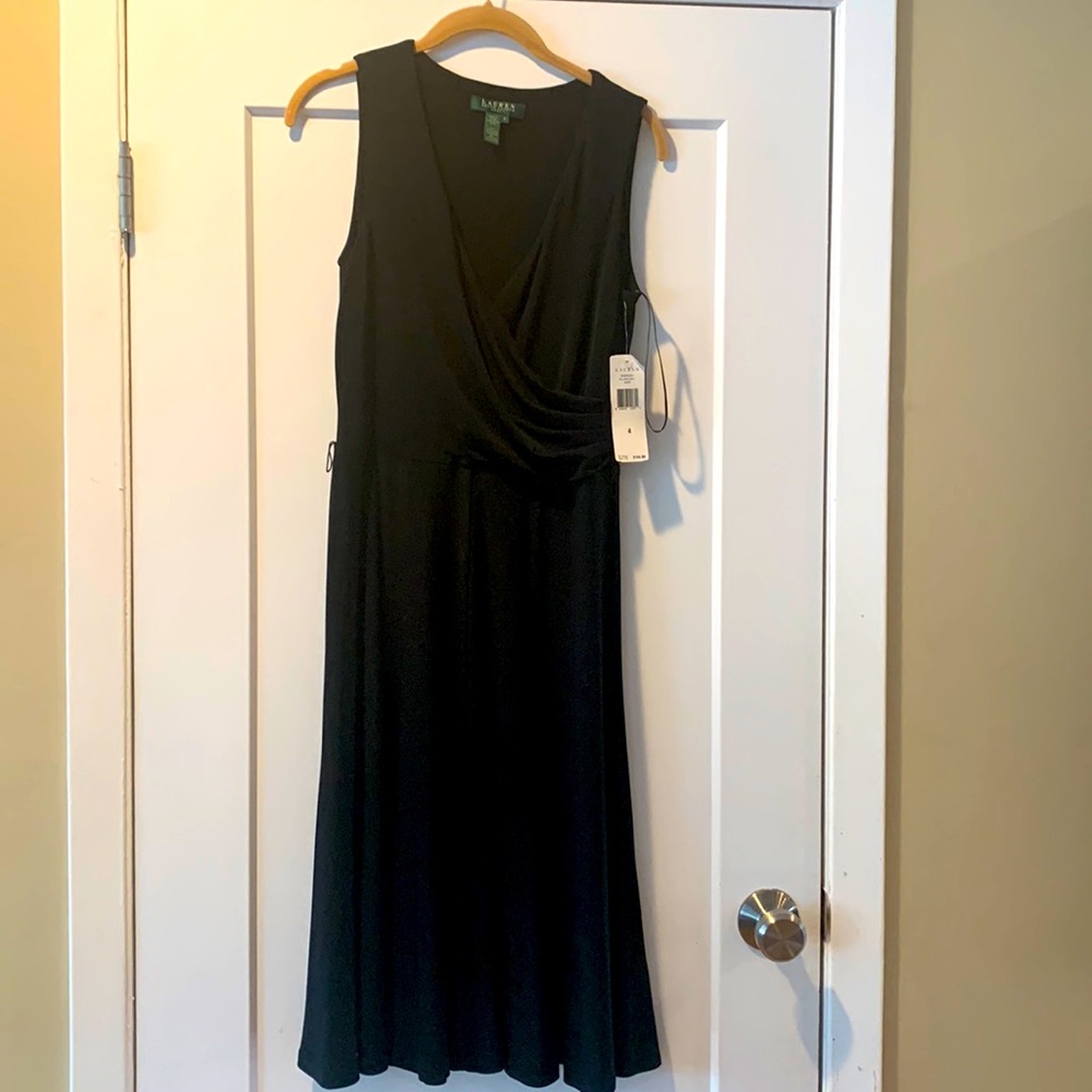 Lauren black faux wrap A line dress. Size 4. NWT. Missing belt.